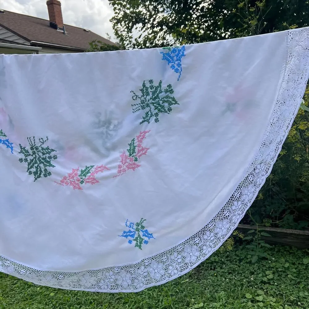 Vintage Hand Cross-Stitched Round Tablecloth 64” White Lace Trim Cottagecore